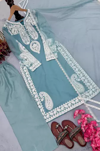 Sky Blue  Color  Embroidery Work Organza Salwar Suit 