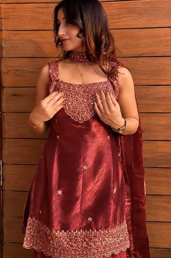 Maroon fendy kurta sharara set with choker dupatta