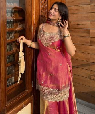Rani pink fendy kurta sharara set with choker dupatta 1