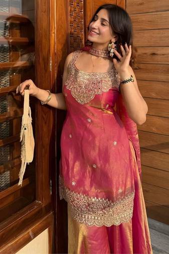 Rani pink fendy kurta sharara set with choker dupatta