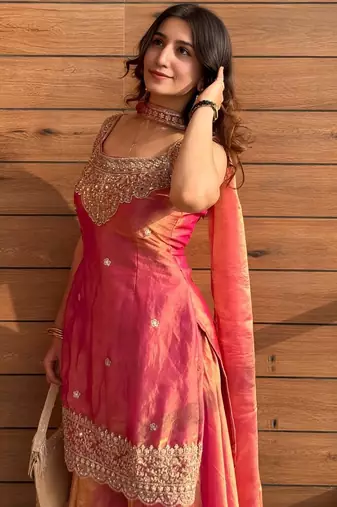 Rani pink fendy kurta sharara set with choker dupatta