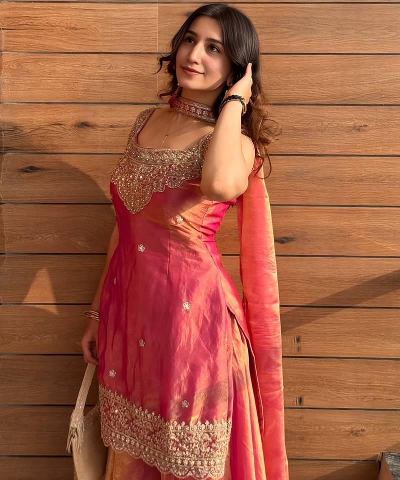 Rani pink fendy kurta sharara set with choker dupatta