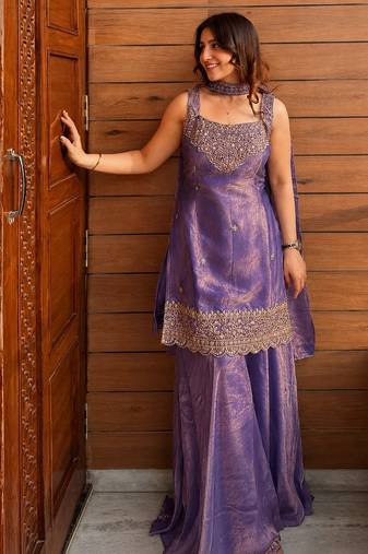 Lavender fendy kurta sharara set with choker dupatta