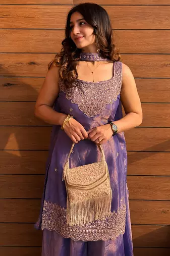 Lavender fendy kurta sharara set with choker dupatta