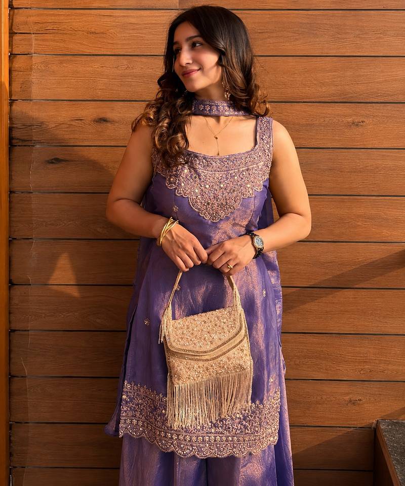 Lavender fendy kurta sharara set with choker dupatta