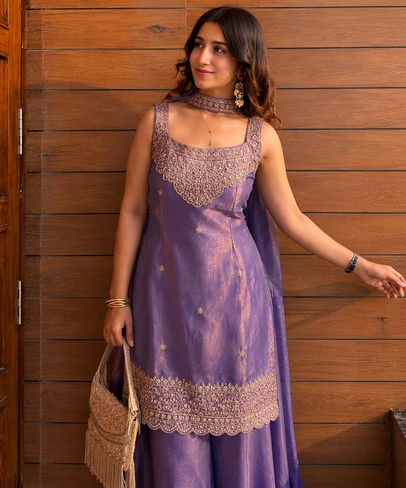 Lavender fendy kurta sharara set with choker dupatta