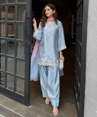 Blue japan satin kurta punjabi salwar set with dupatta 1