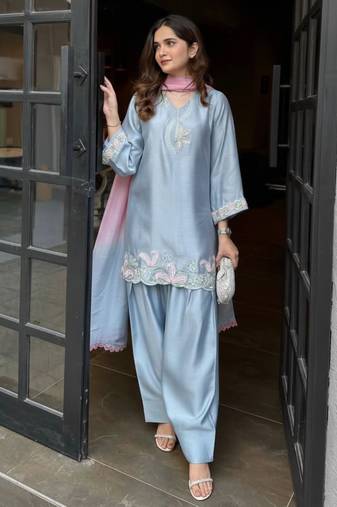 Blue japan satin kurta punjabi salwar set with dupatta