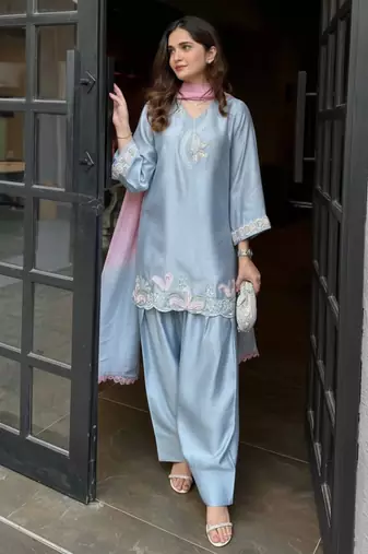 Blue japan satin kurta punjabi salwar set with dupatta