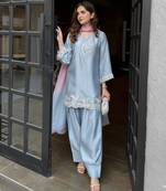 Blue japan satin kurta punjabi salwar set with dupatta