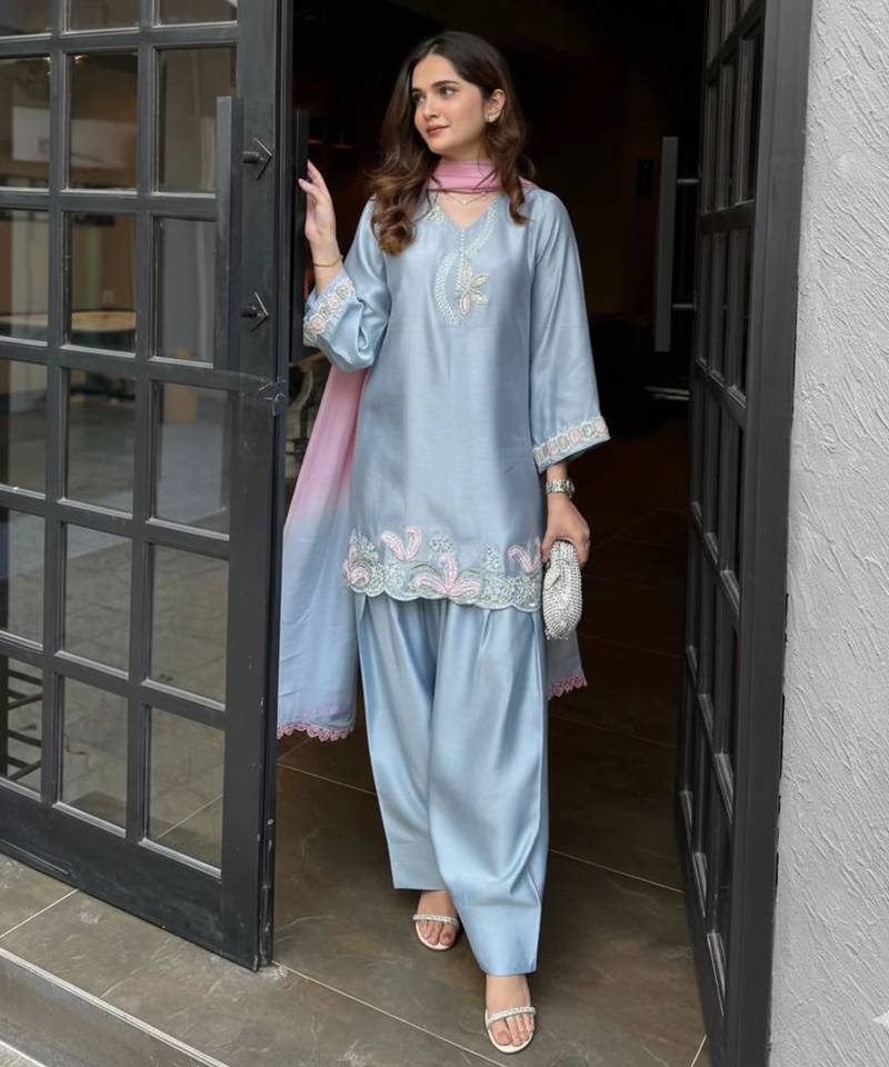 Blue japan satin kurta punjabi salwar set with dupatta