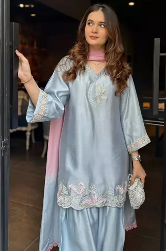 Blue japan satin kurta punjabi salwar set with dupatta