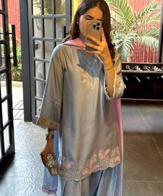 Blue japan satin kurta punjabi salwar set with dupatta 3
