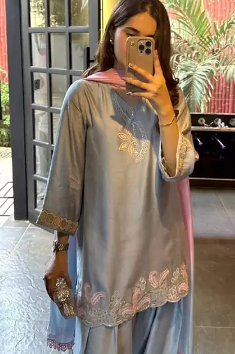 Blue japan satin kurta punjabi salwar set with dupatta