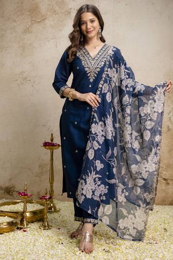 Navy blue roman straight kurta pant set with printed dupatta