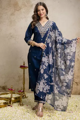 Navy blue roman straight kurta pant set with printed dupatta