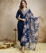 Navy blue roman straight kurta pant set with printed dupatta