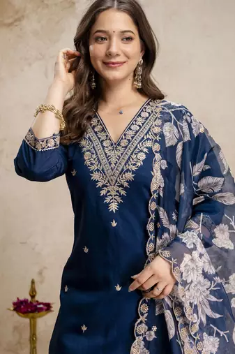 Navy blue roman straight kurta pant set with printed dupatta