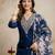 Navy blue roman straight kurta pant set with printed dupatta