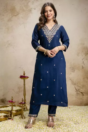 Navy blue roman straight kurta pant set with printed dupatta