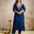 Navy blue roman straight kurta pant set with printed dupatta