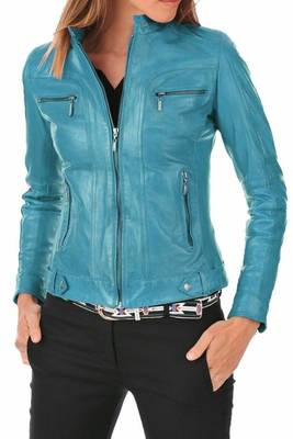 Women's turquoise blue genuine leather biker jacket 1