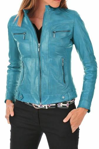 Women's turquoise blue genuine leather biker jacket