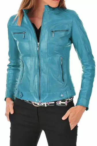 Women's turquoise blue genuine leather biker jacket