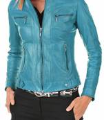Women's turquoise blue genuine leather biker jacket