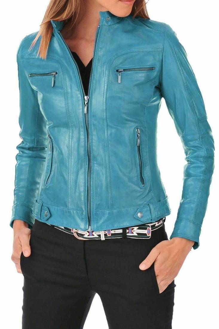 Women's turquoise blue genuine leather biker jacket