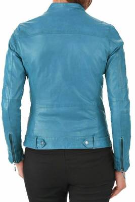 Women's turquoise blue genuine leather biker jacket 2