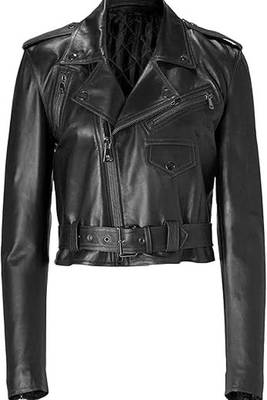 Women's black leather crop moto biker jacket 1