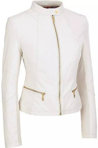 Women's  genuine white leather casual biker jacket