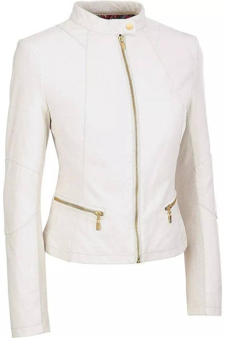 Women's  genuine white leather casual biker jacket