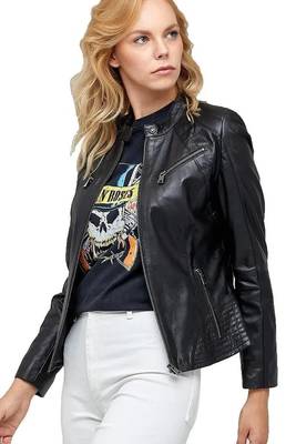 Women's black leather jacket real lambskin cafe racer 3