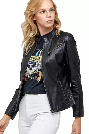 Women's black leather jacket real lambskin cafe racer