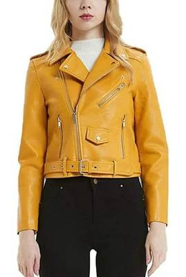 Women's mustard yellow biker genuine leather jacket 1