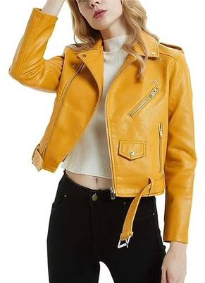 Women's mustard yellow biker genuine leather jacket 3