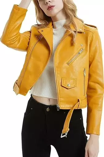 Women's mustard yellow biker genuine leather jacket