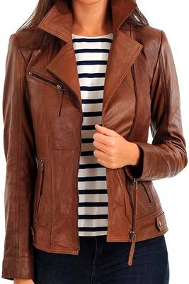 Women's brown lambskin asymmetrical leather biker jacket 1