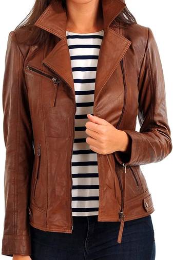 Women's brown lambskin asymmetrical leather biker jacket