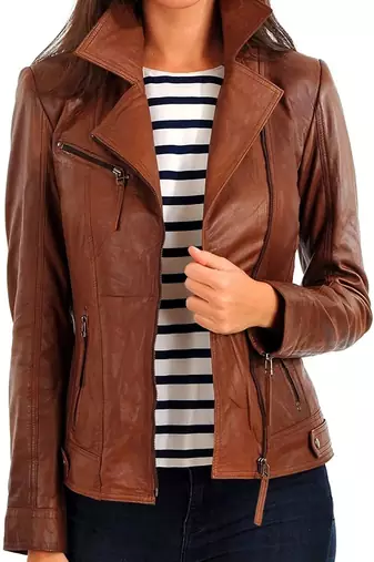 Women's brown lambskin asymmetrical leather biker jacket