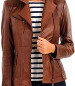 Women's brown lambskin asymmetrical leather biker jacket