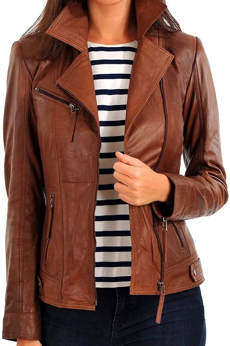 Women's brown lambskin asymmetrical leather biker jacket