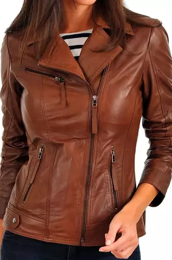 Women's brown lambskin asymmetrical leather biker jacket