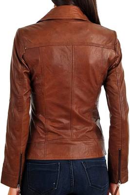 Women's brown lambskin asymmetrical leather biker jacket 3