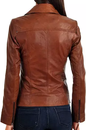 Women's brown lambskin asymmetrical leather biker jacket