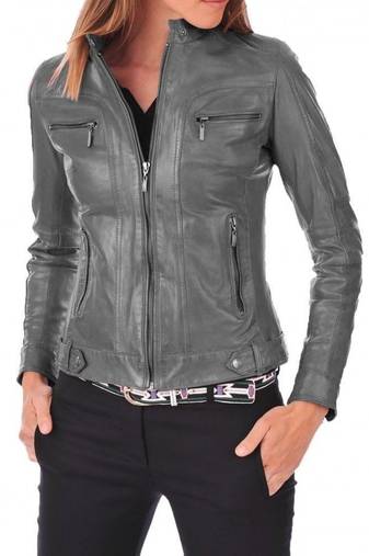 Women's grey real genuine lambskin leather cafe racer jacket