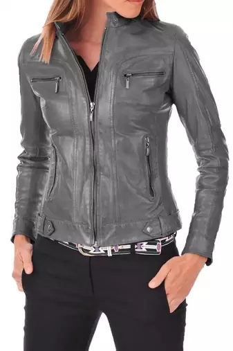 Women's grey real genuine lambskin leather cafe racer jacket