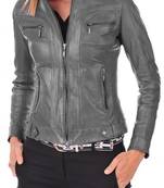 Women's grey real genuine lambskin leather cafe racer jacket